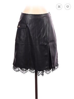 NEW River Island Black Leather Lace Skirt Slit 10 Pocket